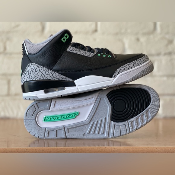 Nike Air Jordan 3 Retro Shoes Black Wolf Gray Green Glow...